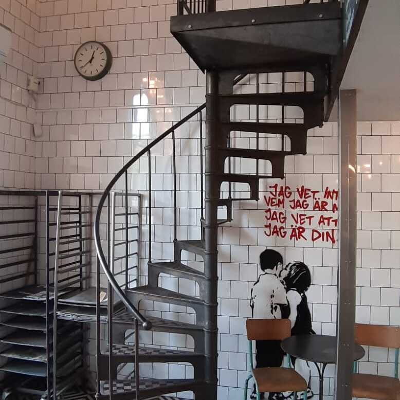 Cast iron spiral staircase model Dijon in a Fabrique Bakery, Odengatan 77 in Stockholm, Sweden